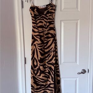 Off-White Zebra Pattern Midi Dress in Black and Tan